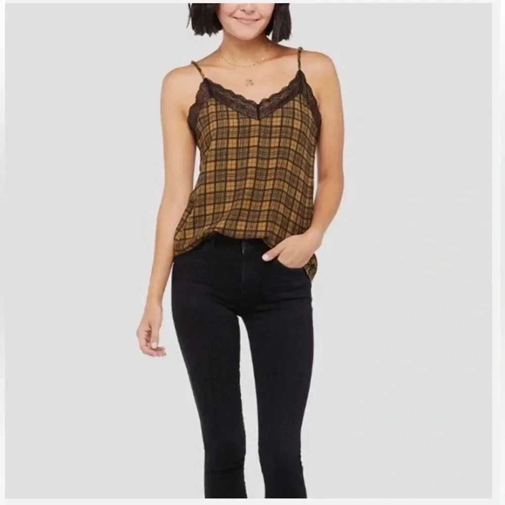 Allison Joy Ryan brown black plaid Cami lace top size medium